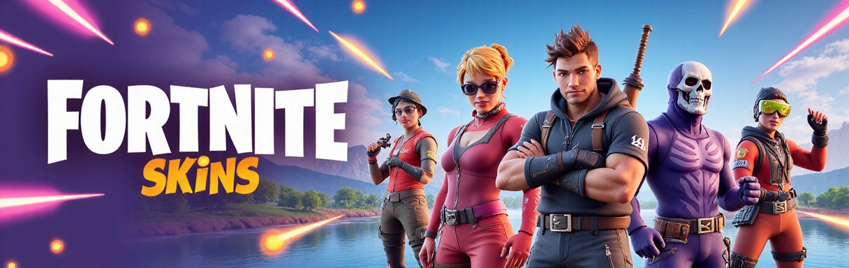 Bannière des skins Fortnite avec des personnages emblématiques en action